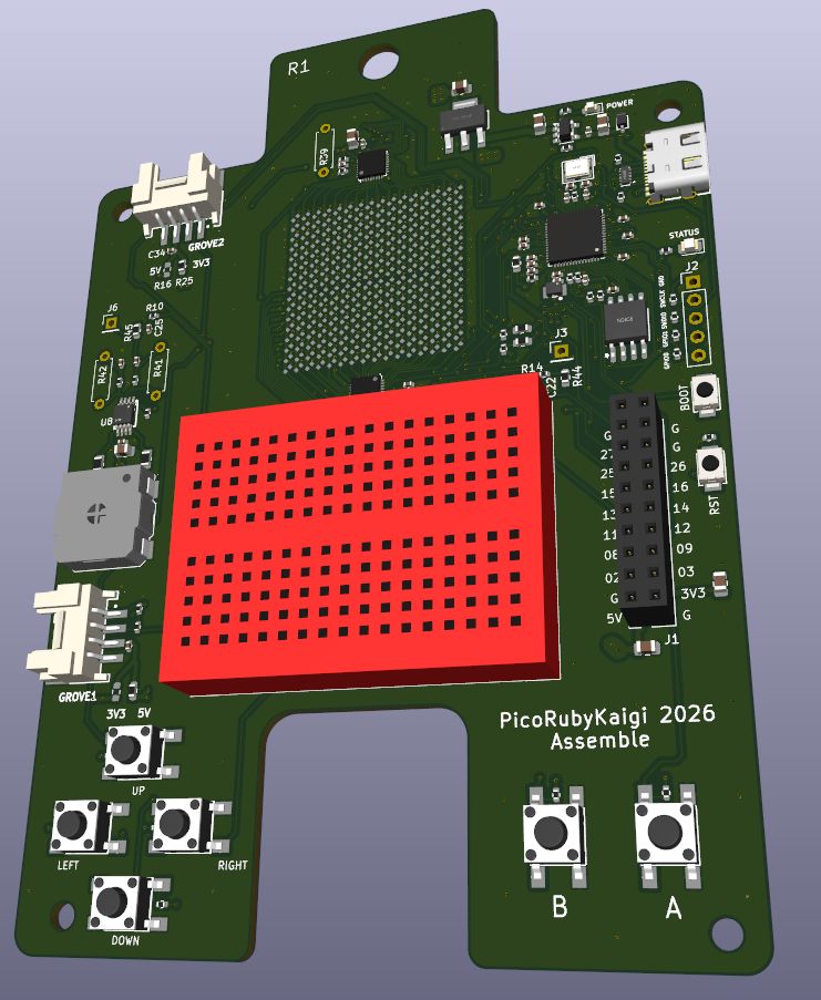 PicoRubyKaigi基板R1の3Dモデルを斜めから見たところ。中央上に16×16のLEDマトリクス、中央に赤いミニブレッドボード、左下に十字キー、右下にA/Bボタン